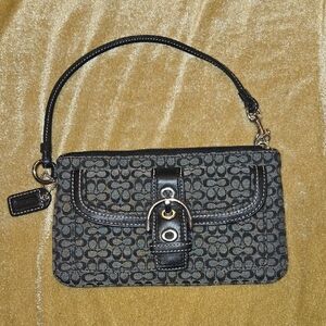 Coach Signature Monogram Buckle Wristlet - Black/Grey Canvas & Leather